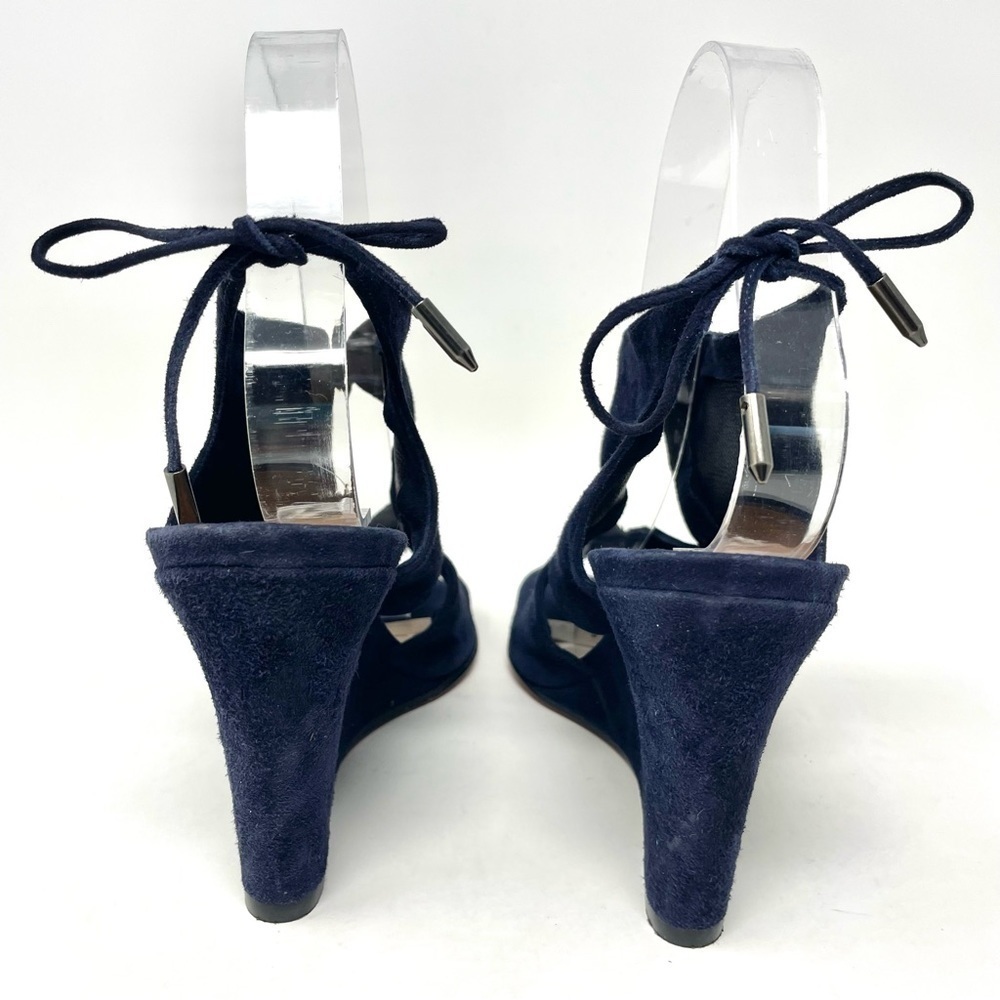 Aquazzura Iman Blue Suede Cutout Wedge Sandals Size 37.5 as seen Julianne Moore - Picture 11 of 13